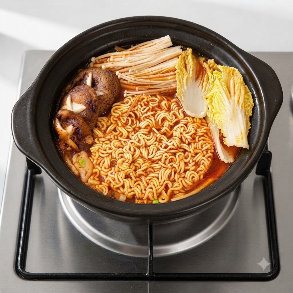 A pot filled with ramen noodles, enoki mushrooms, shiitake mushrooms, and Chinese cabbage simmering in red broth.