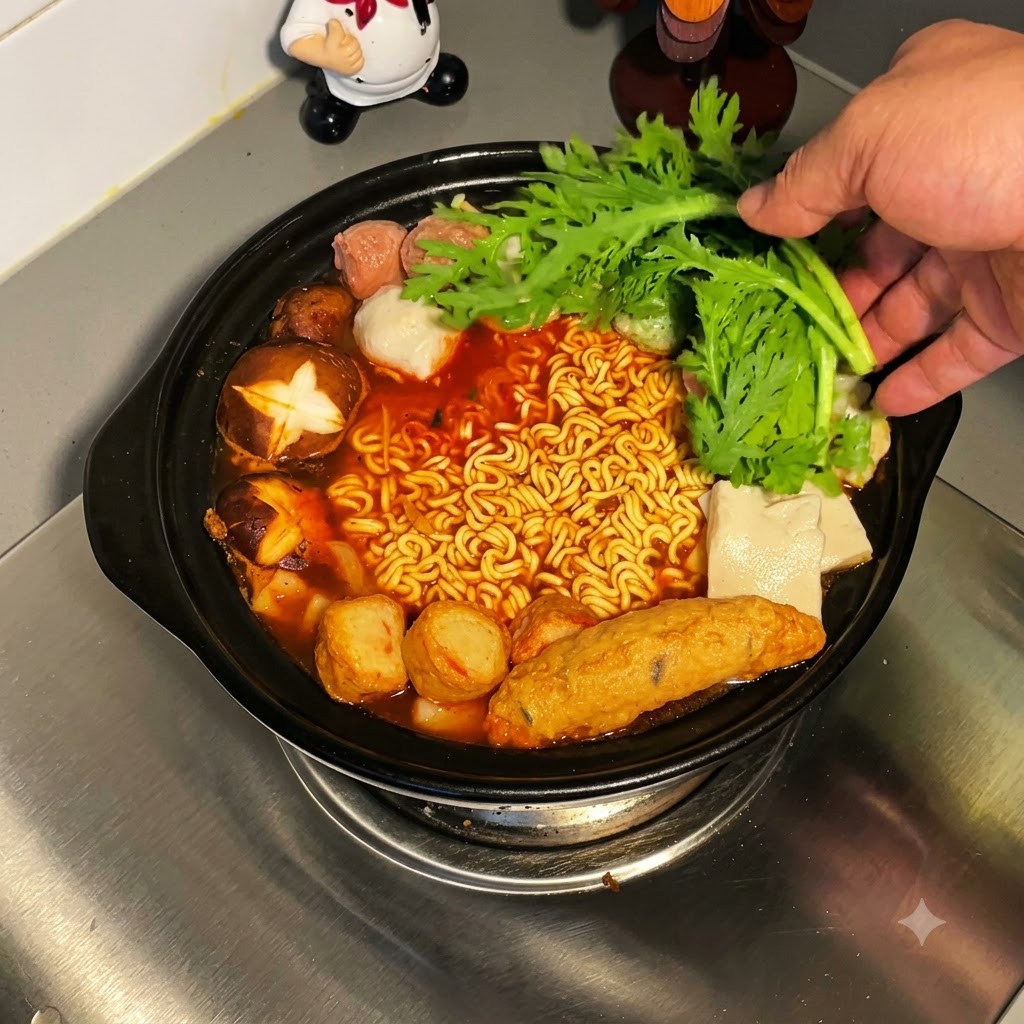 Fresh leafy green vegetables being added by hand into the boiling red noodle stew in a black pot.