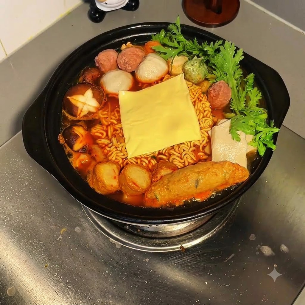 A yellow slice of cheese centered on top of the bubbling noodle stew filled with fish balls, mushrooms, and greens.