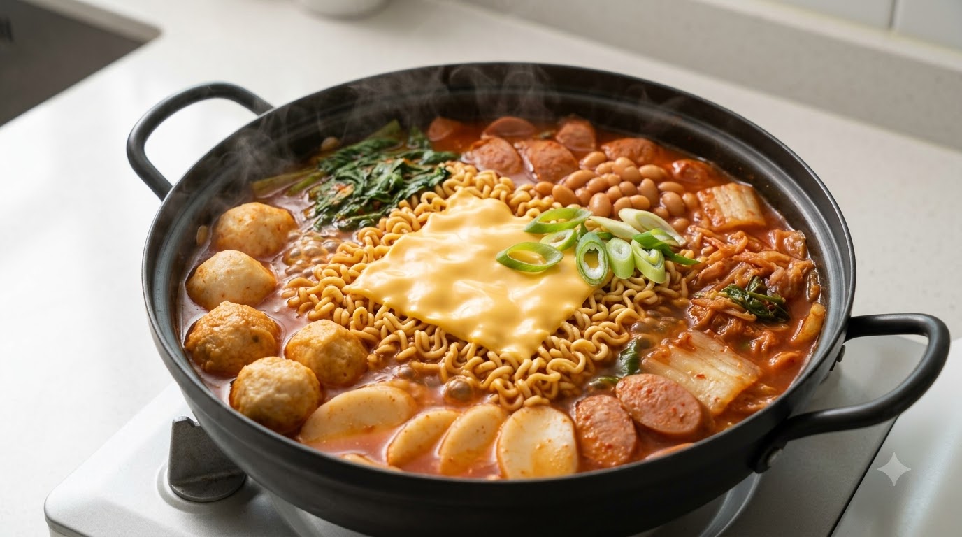 A steaming black pot of Cheese Shin Ramyun Army Stew bubbling with ramen, melting cheese, fish balls, and rice cakes.