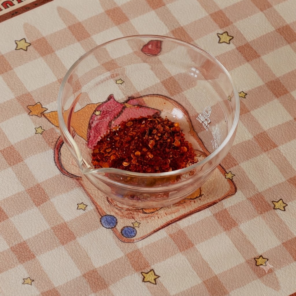 Korean chili paste, chili powder, sugar, sesame oil, oyster sauce, and soy sauce being mixed together with water in a glass bowl.