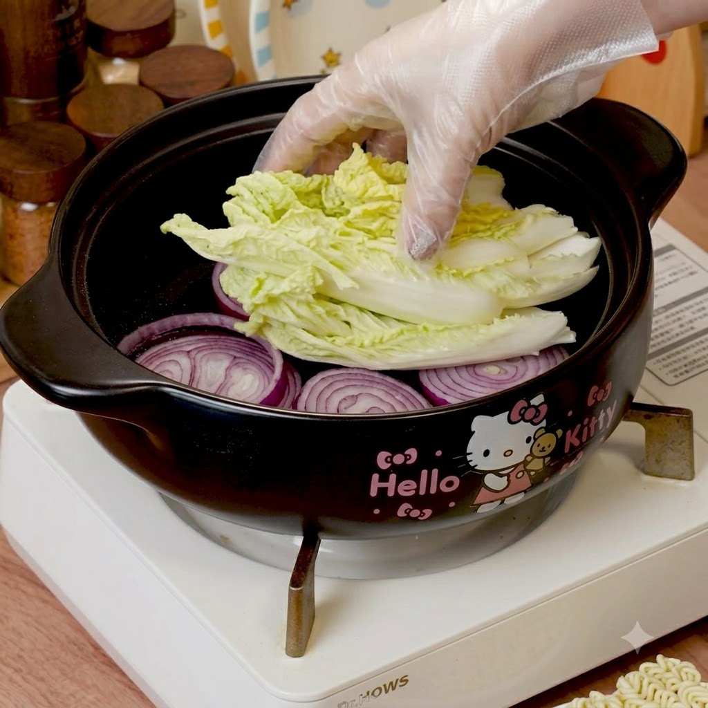 Napa cabbage, enoki mushrooms, zucchini, tofu, fish cakes, crab sticks, and rice cakes arranged inside the pot over red onions.