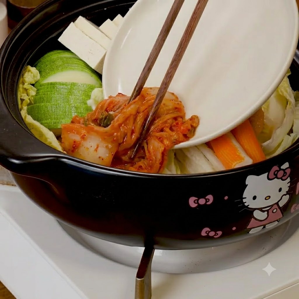 Kimchi and sliced fatty beef being added to the assembled ingredients inside the pot using chopsticks.