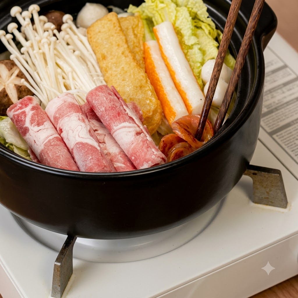 Fried sausage pieces being added into the main cooking pot alongside the other ingredients.