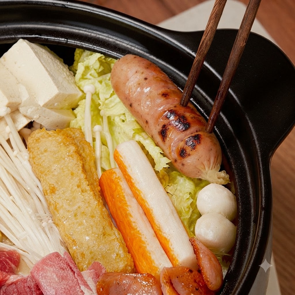 Prepared chili sauce being poured over the pot of ingredients using chopsticks.