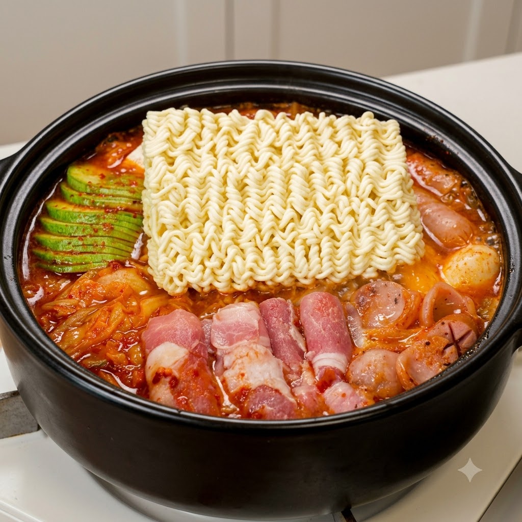 A block of instant noodles placed in the bubbling hot pot alongside sliced vegetables and meat.