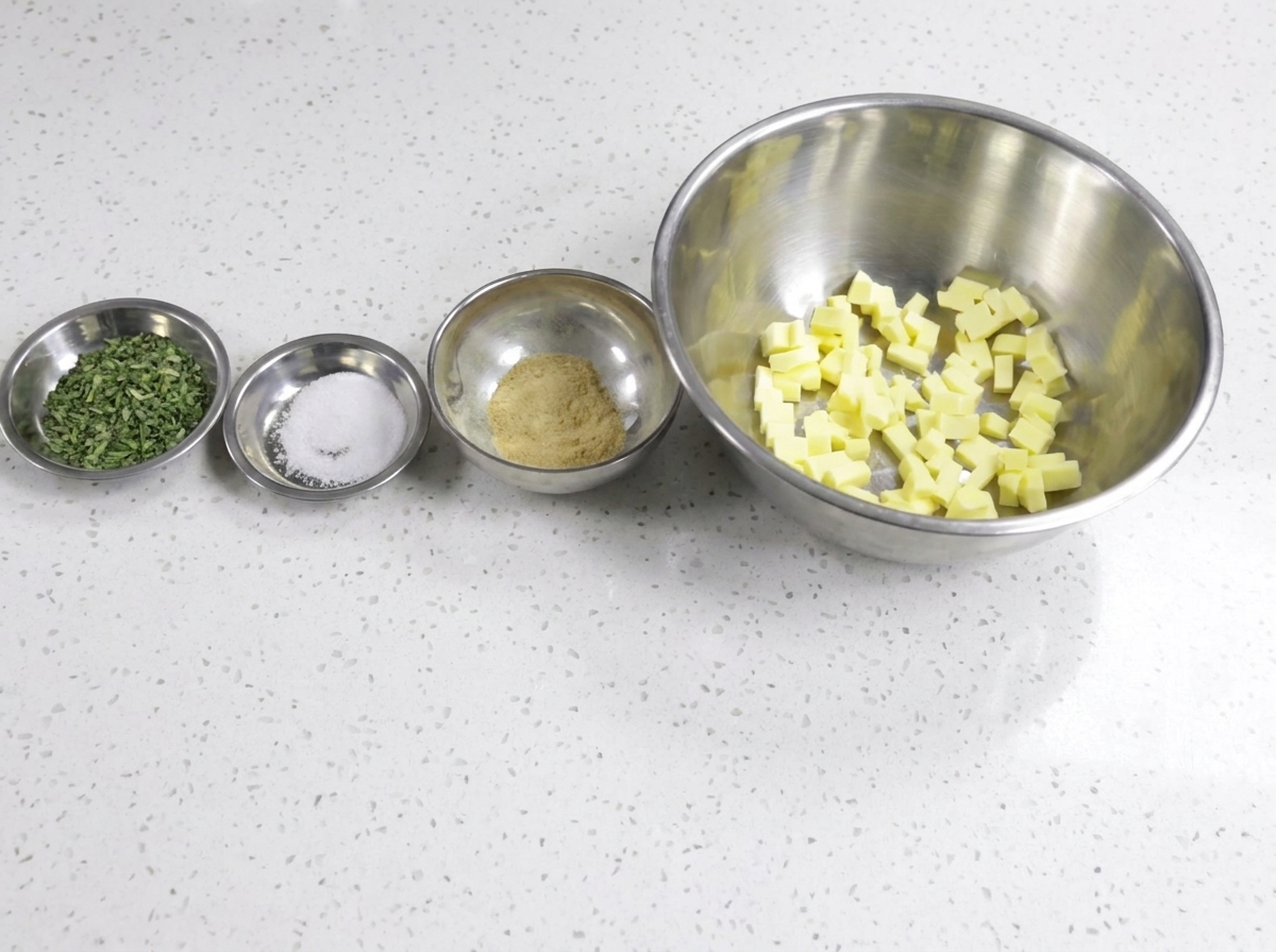 Small bowls containing softened butter cubes, salt, minced garlic, and chopped herbs arranged neatly on a white surface.