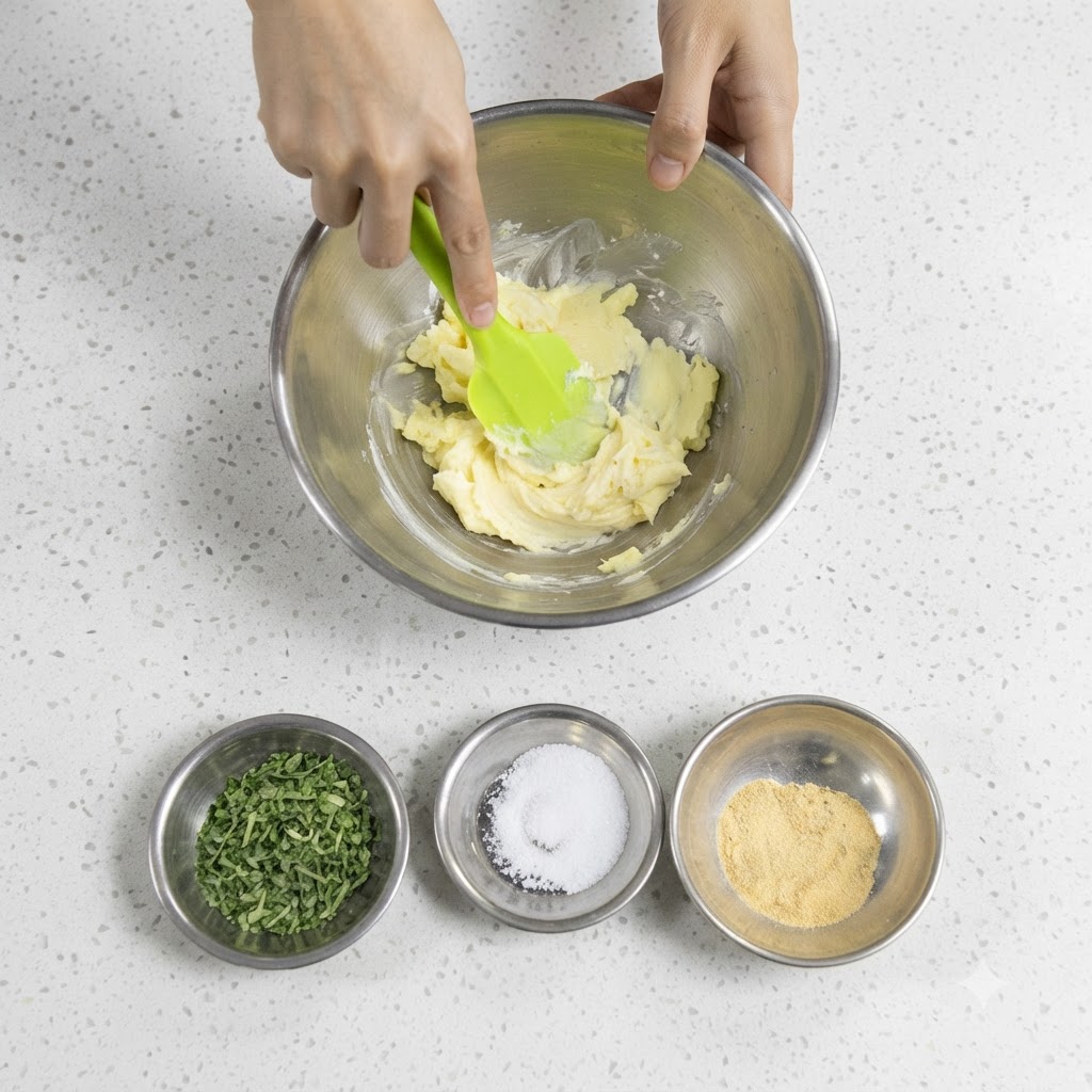 Hands using a green silicone spatula to mix softened butter in a metal bowl.