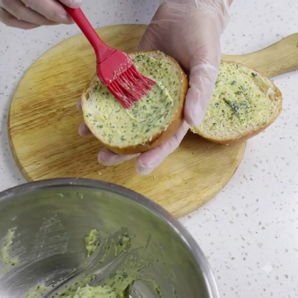 A red silicone brush spreading garlic herb butter evenly on the cut surface of a burger bun.