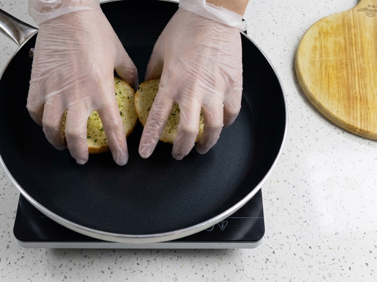 Buttered burger buns being placed cut-side down into a hot black frying pan to sear.