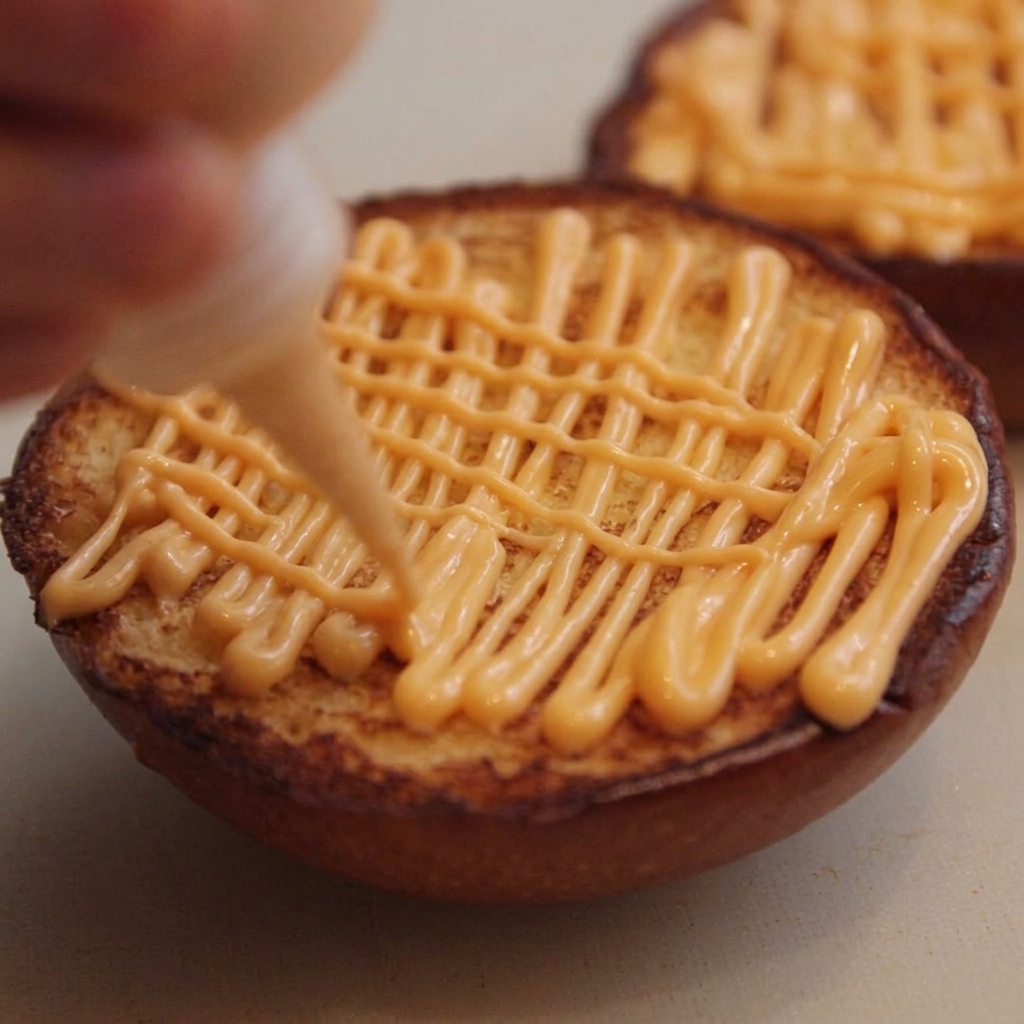 Rattan pepper mayonnaise being piped in a zigzag lattice across a toasted burger bun.