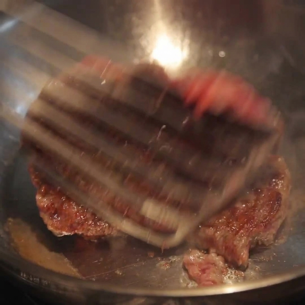 Minced beef patty being flipped with a metal spatula inside a hot frying pan.