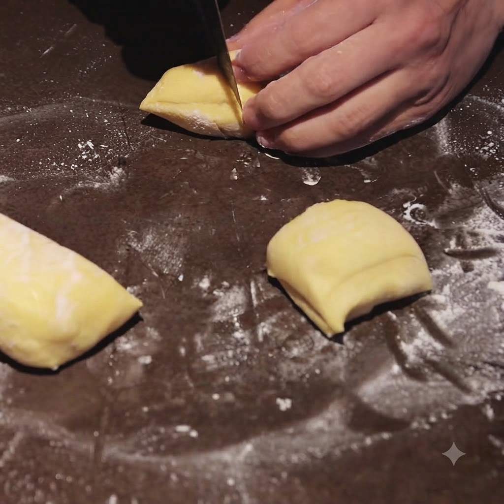 Metal bench scraper cutting brioche dough on a floured wooden countertop.