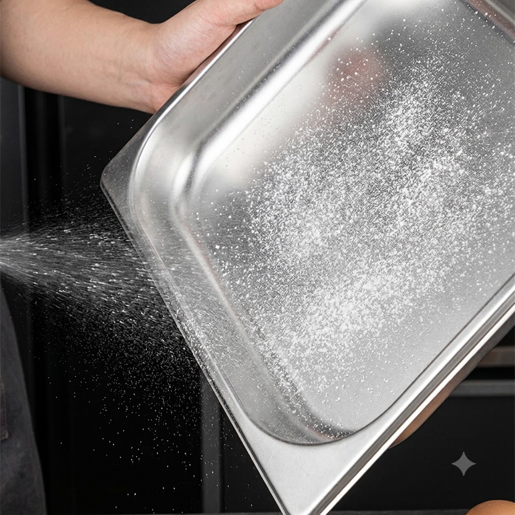 A metal baking tray being sprayed evenly with cooking release oil.