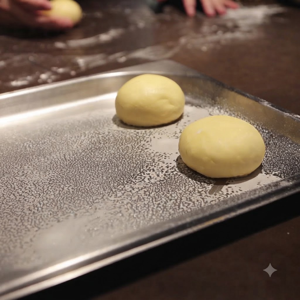 Round shaped brioche dough balls resting on a greased metal baking sheet.