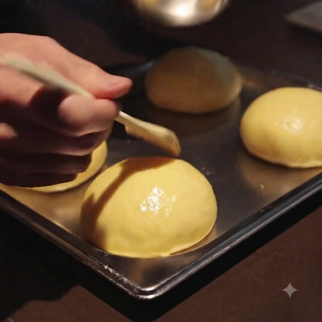 A pastry brush carefully coating the tops of round brioche dough balls on a baking sheet with egg wash.