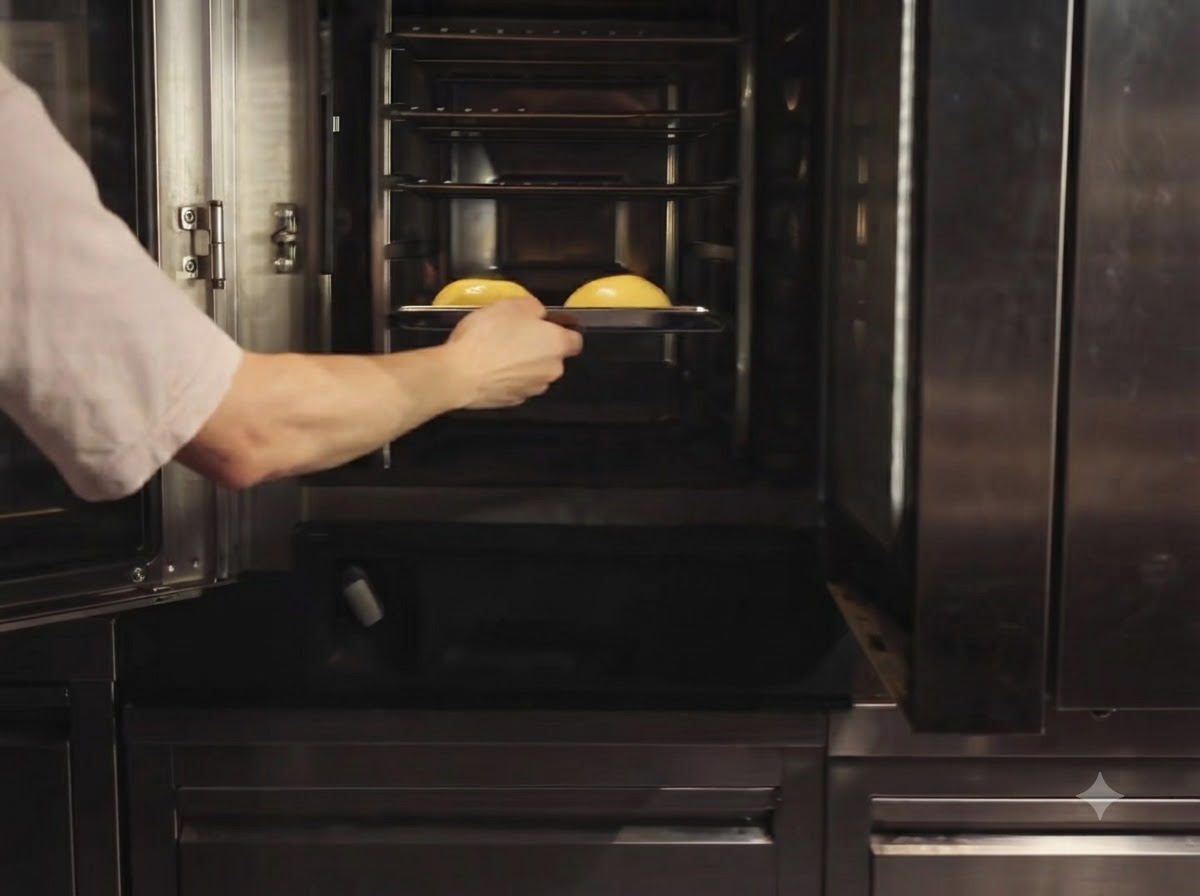 A chef loading a baking sheet with shaped brioche dough into a commercial oven.