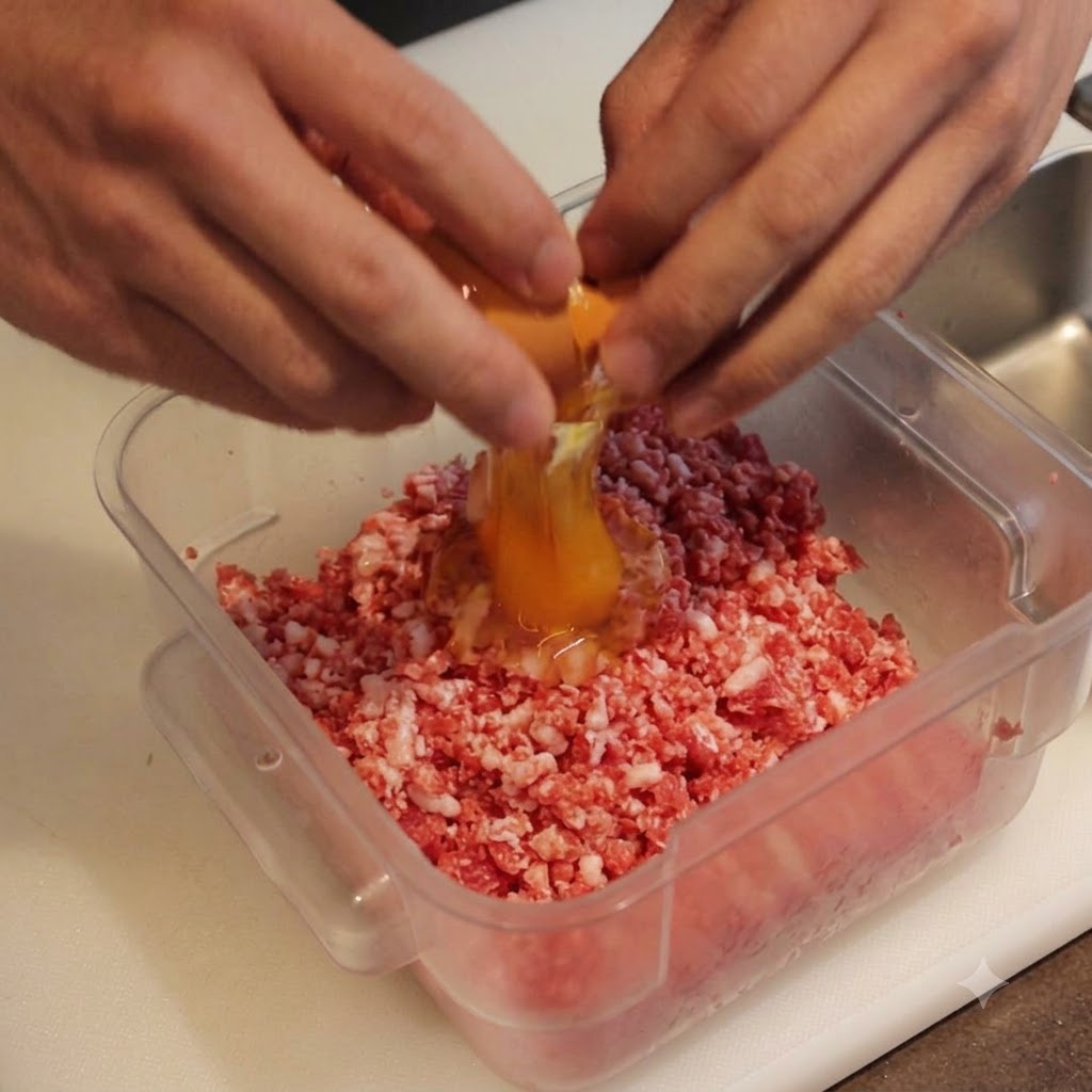 An egg being cracked directly into a clear plastic container holding raw red minced beef.