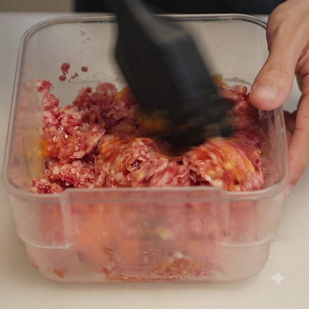 A black spatula mixing raw minced beef and egg inside a plastic container.