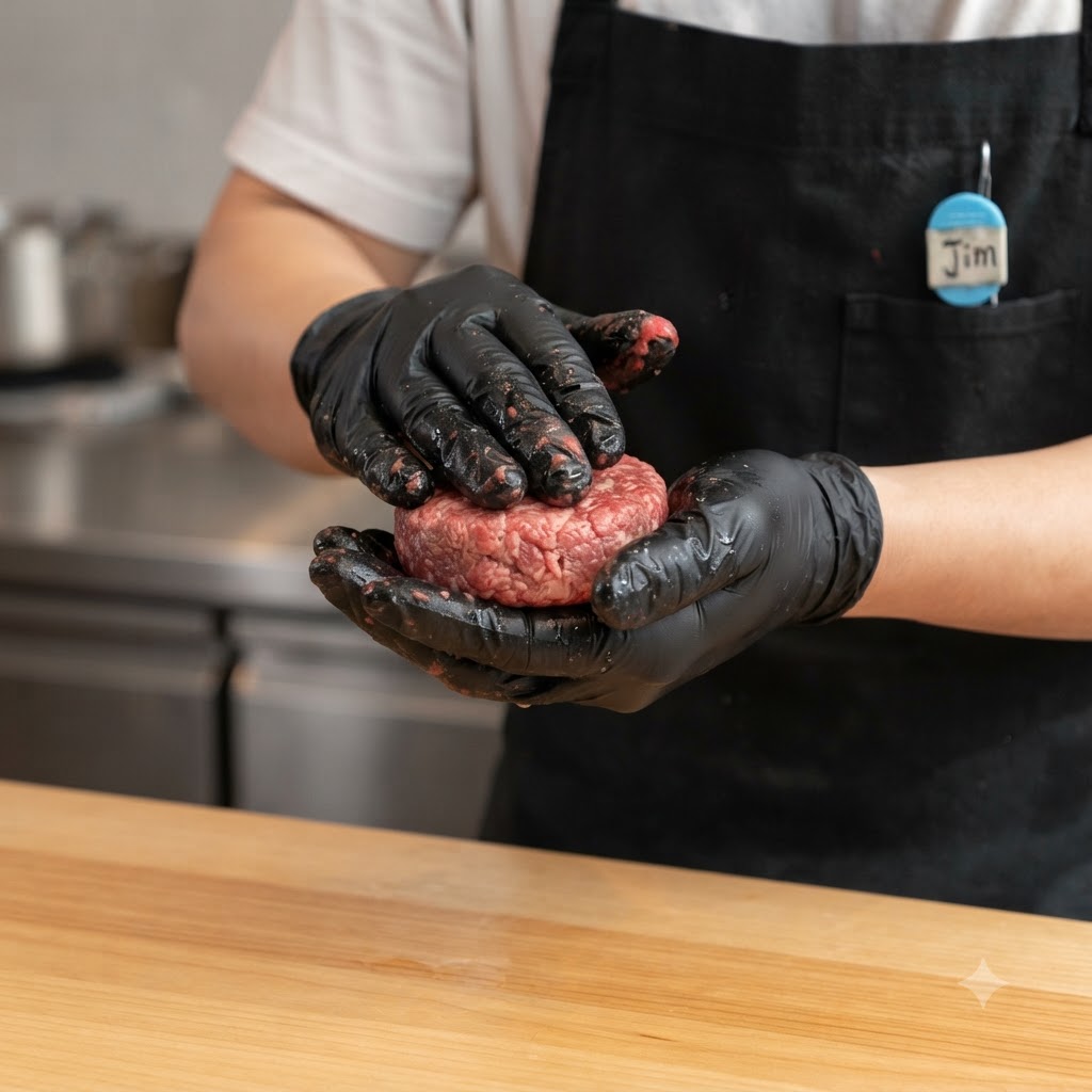 A chef wearing black gloves holding a freshly formed round raw beef patty.