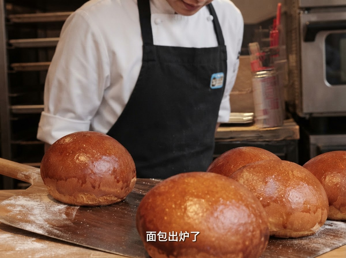 Freshly baked golden-brown brioche burger buns sitting on a wooden peel after coming out of the oven.