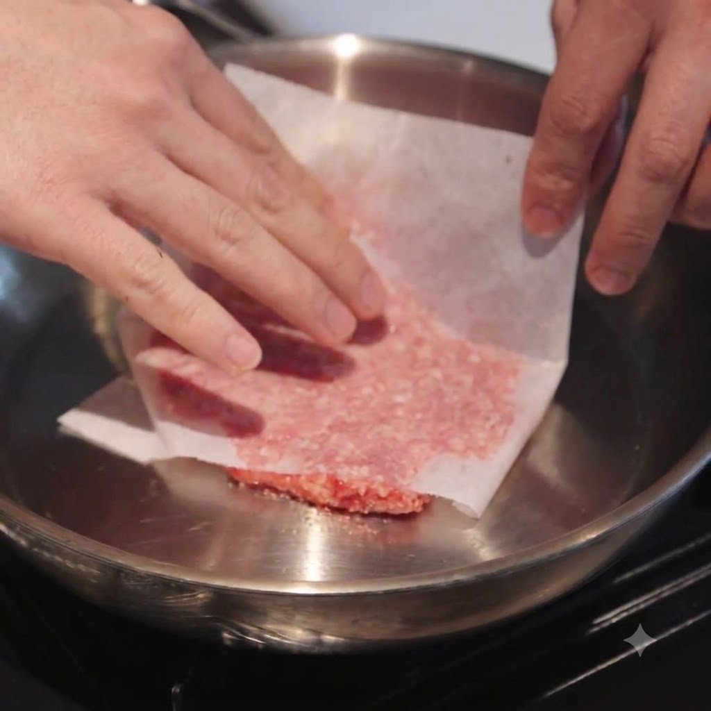 A chef pressing a portion of raw ground beef flat into a stainless steel pan using parchment paper.
