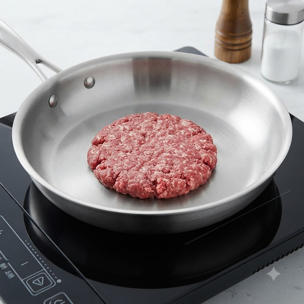 A raw Wagyu beef patty sitting in a stainless steel frying pan on a stovetop.