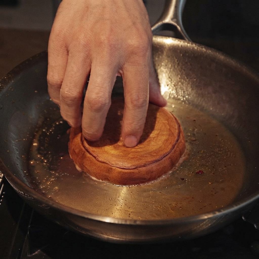 A hand pressing down on the cut side of a brioche bun searing in a hot frying pan.