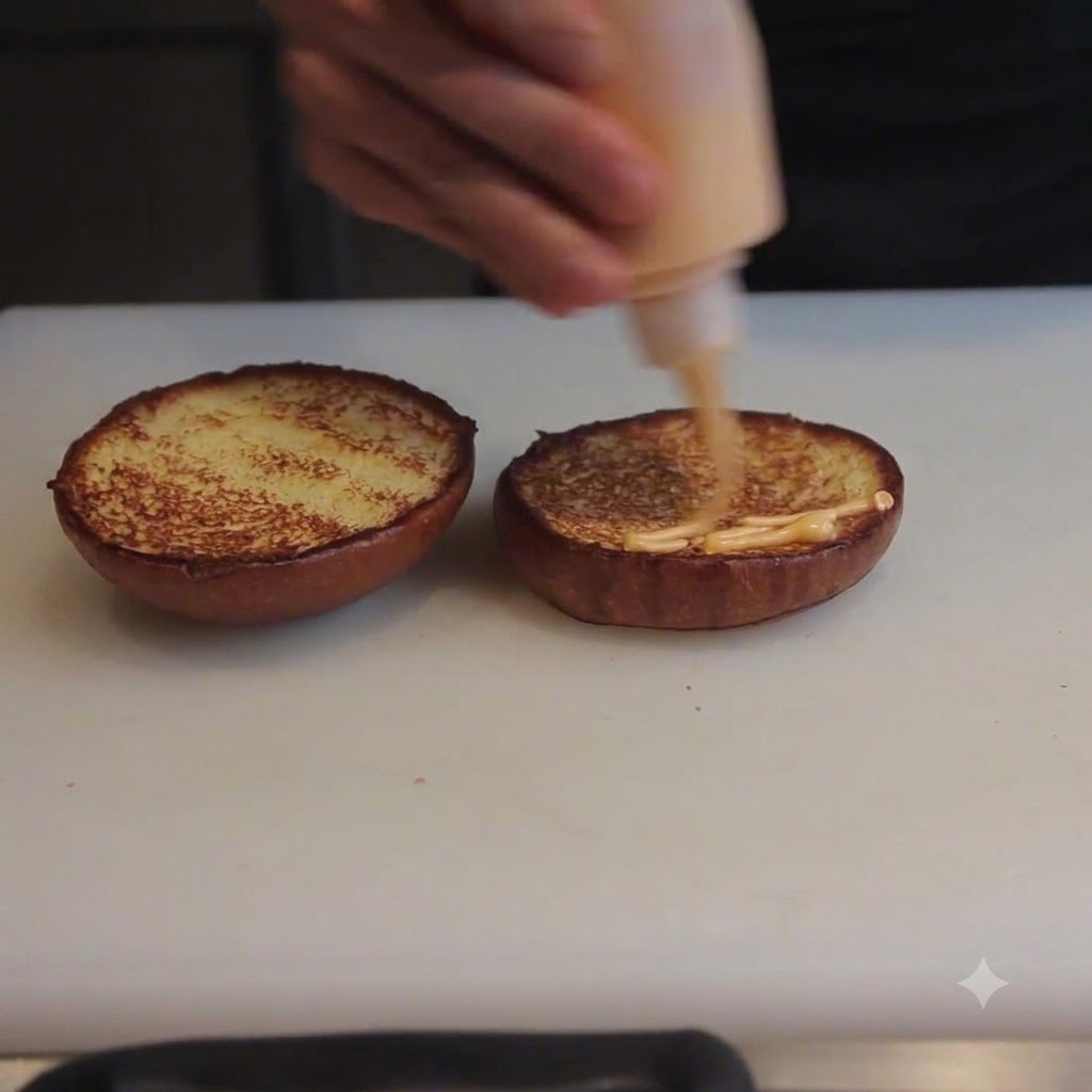 Mayonnaise sauce being squeezed from a bottle onto the surface of toasted brioche bun halves.