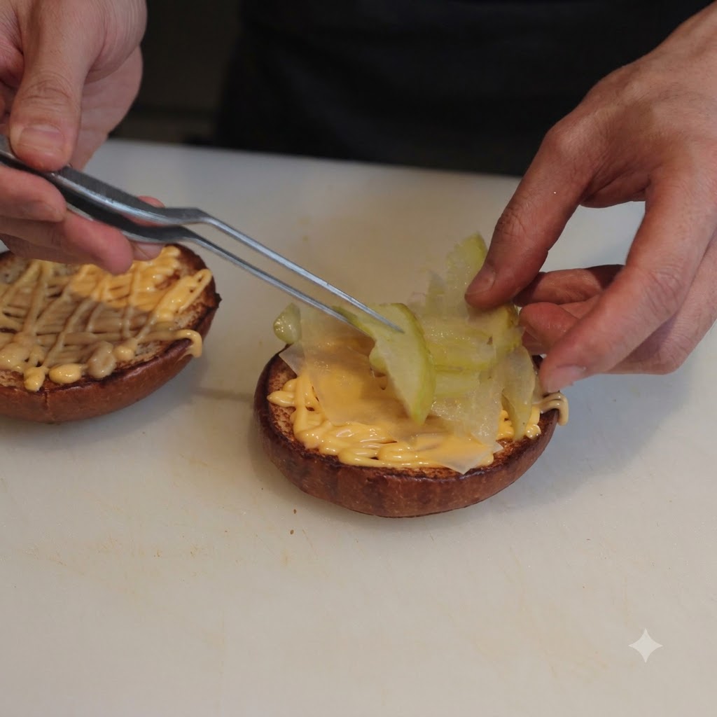 Sliced pickled radishes being placed with tweezers onto the sauce-coated brioche bun.