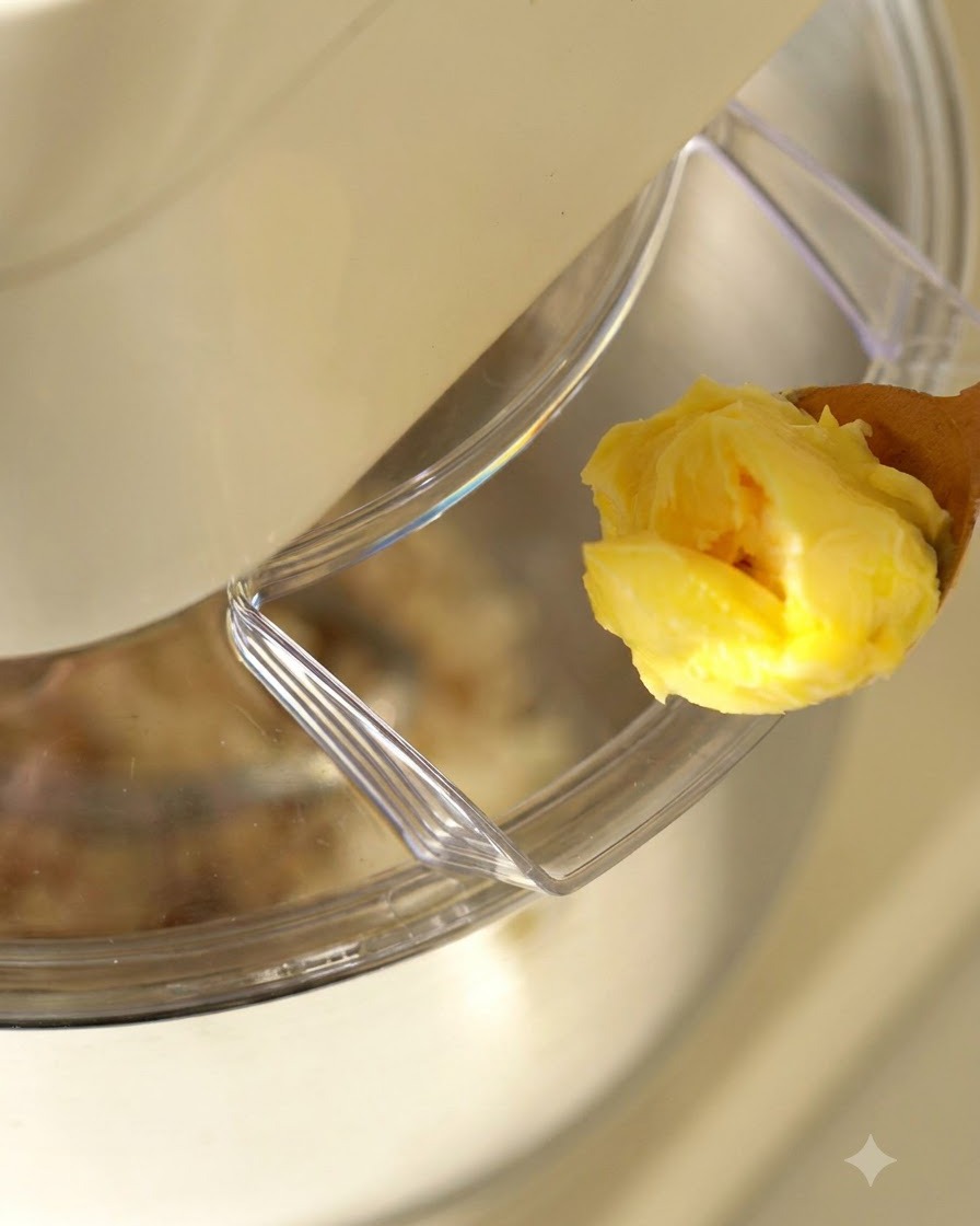 Non-hydrogenated vegan butter and salt being added to the dough inside a stand mixer bowl.
