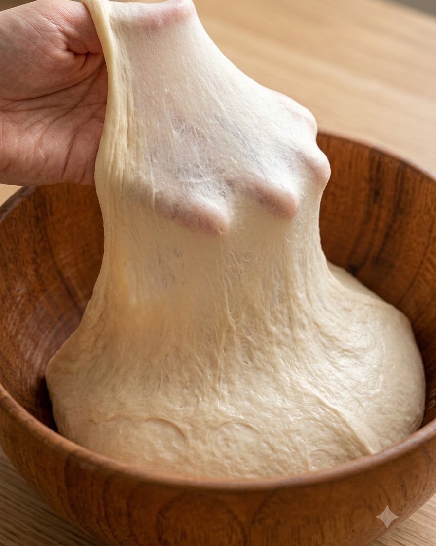 A piece of kneaded dough being stretched to show a translucent windowpane membrane.
