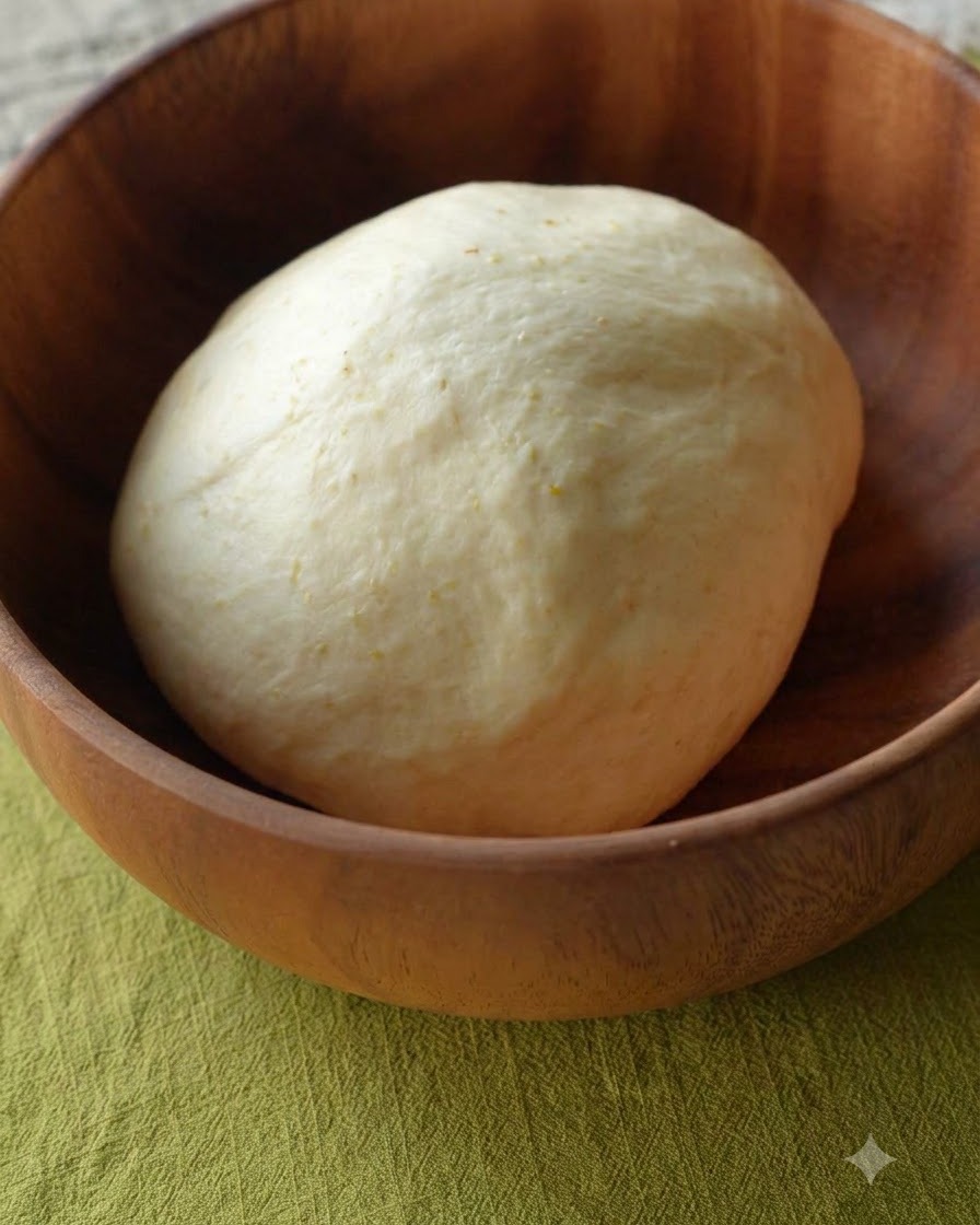 A smooth ball of dough resting inside a wooden bowl set on a green cloth.