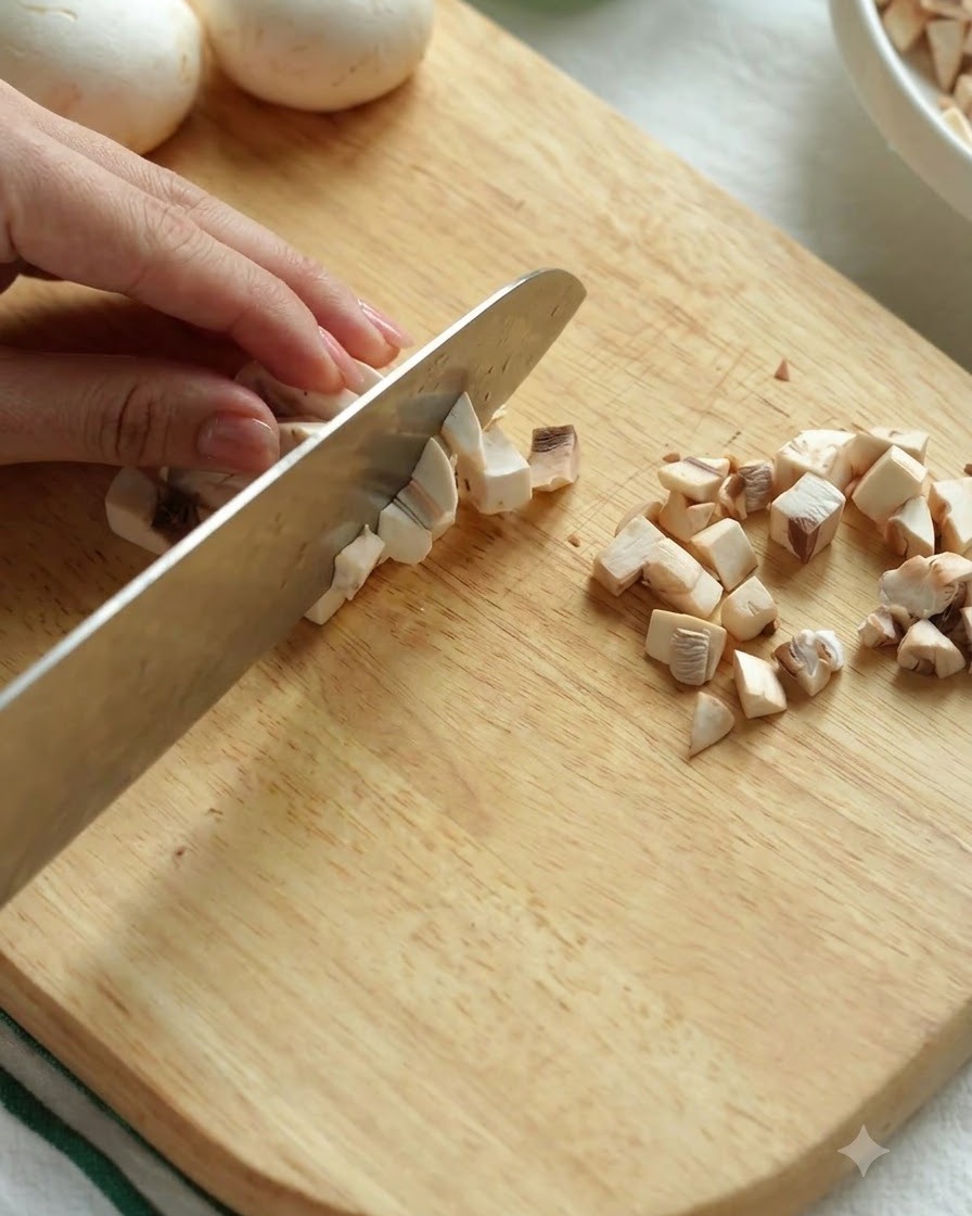 A knife chopping mushrooms and carrots into small cubes on a wooden cutting board.
