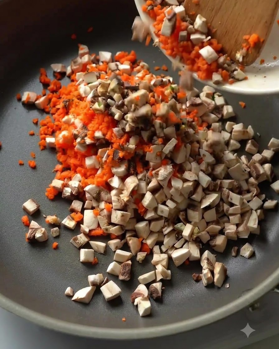 Diced carrots and mushrooms being poured and stir-fried in a pan.