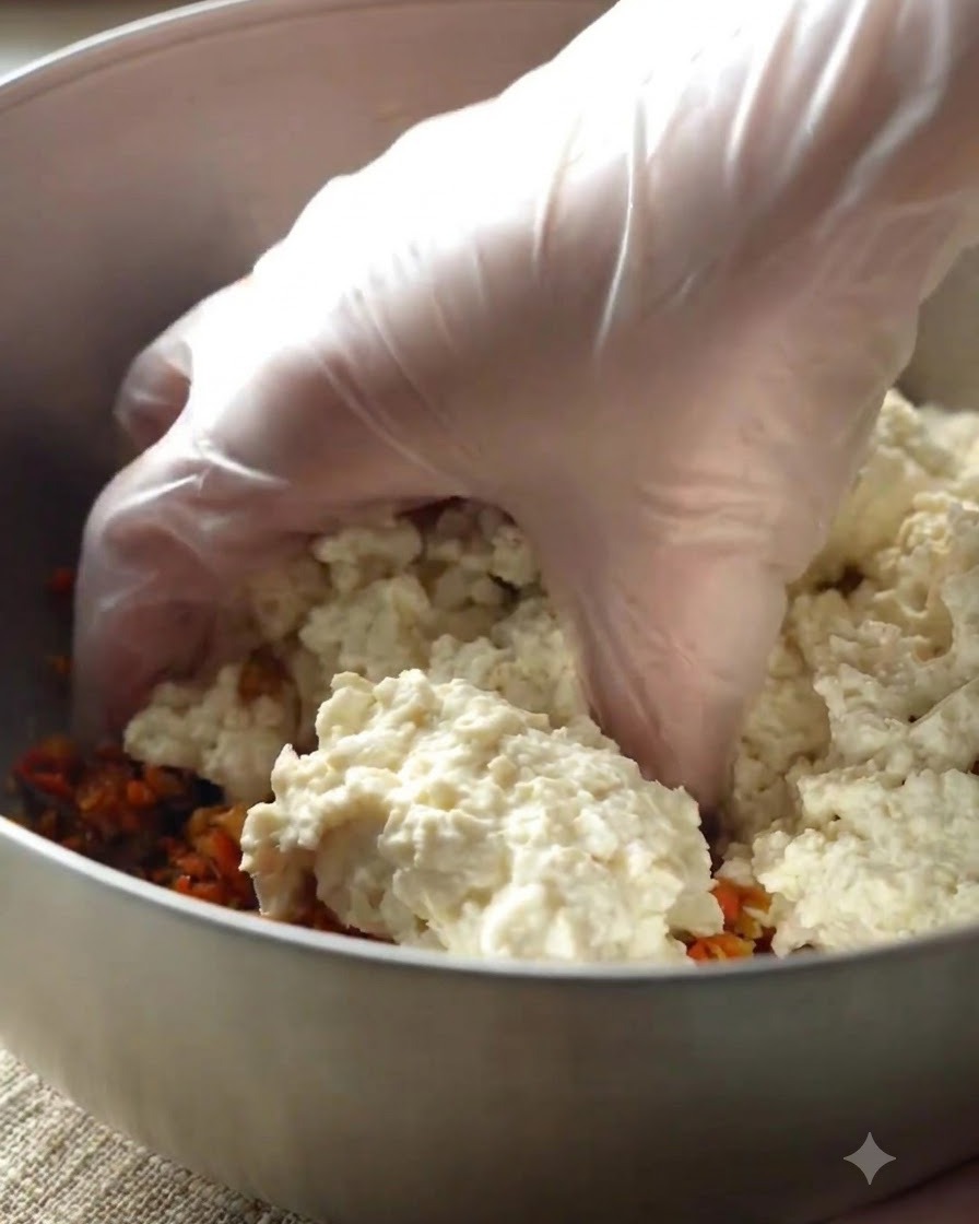 Hands wearing gloves mixing mashed tofu and cooked vegetables in a bowl.