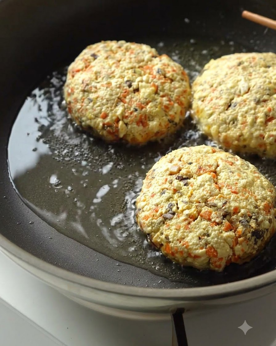 Three vegan patties frying in a pan of hot oil until golden brown.