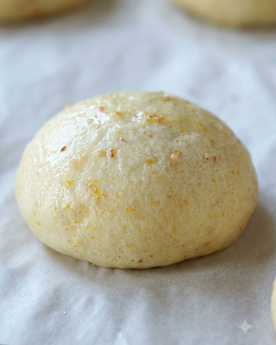 A proofed burger bun being brushed with syrup and sprinkled with sesame seeds.