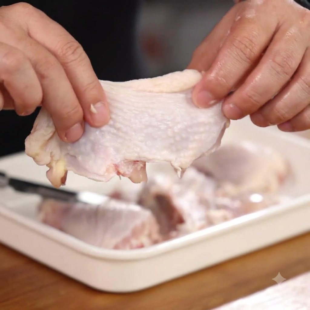 Hands deboning a raw chicken leg above a white tray.