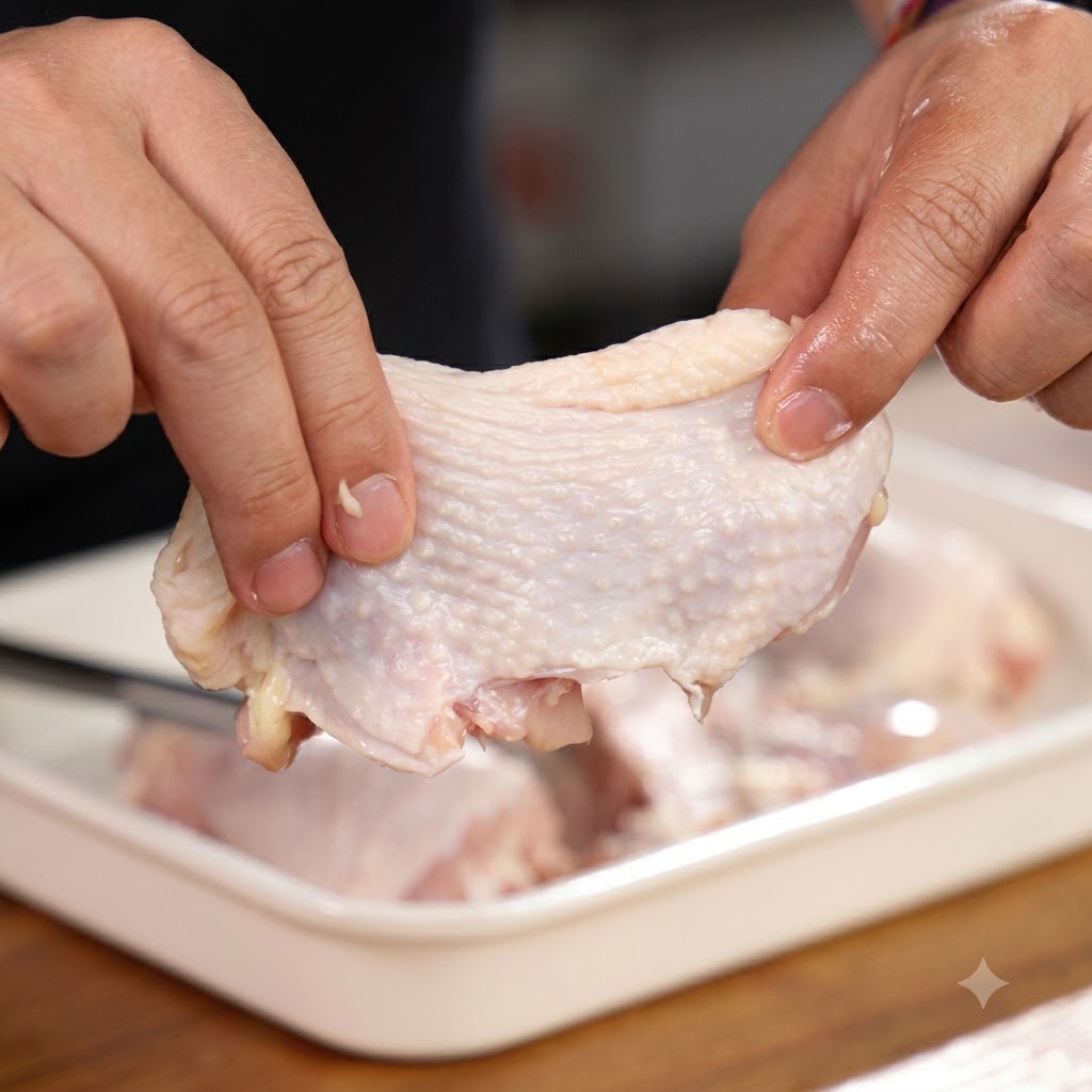 Raw chicken meat soaking in a bowl filled with water.