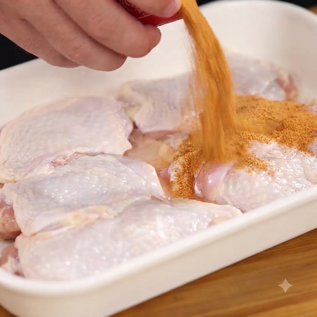 Spicy brine powder being poured onto raw chicken leg meat in a white container.
