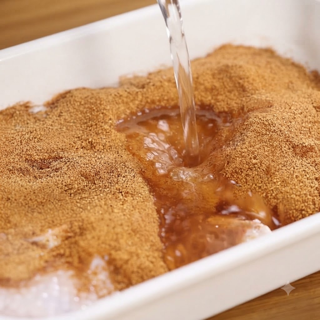 Water being poured into a container filled with spicy seasoning and chicken.