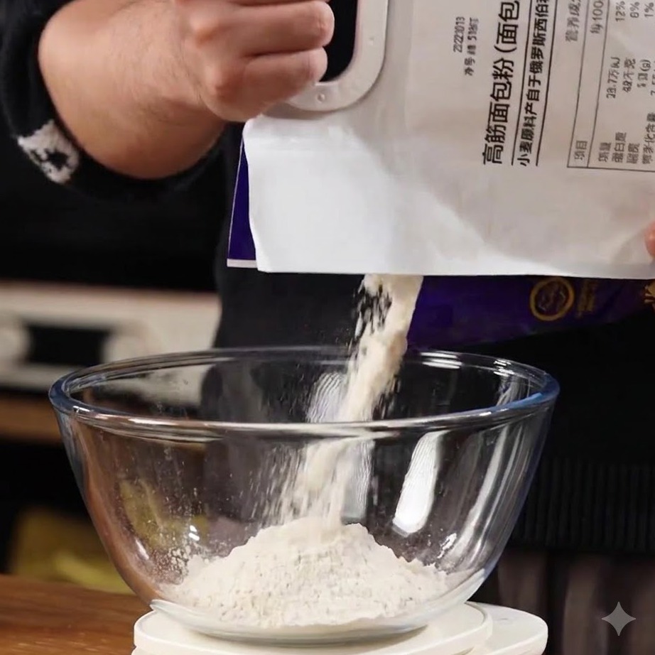 Bread flour being poured from a bag into a glass bowl on a kitchen scale.