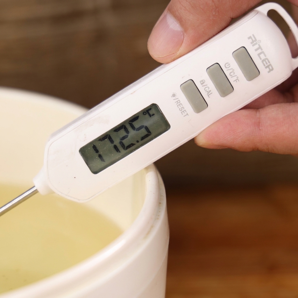 A digital food thermometer showing approximately 172.5 degrees Celsius dipped into a container of oil.