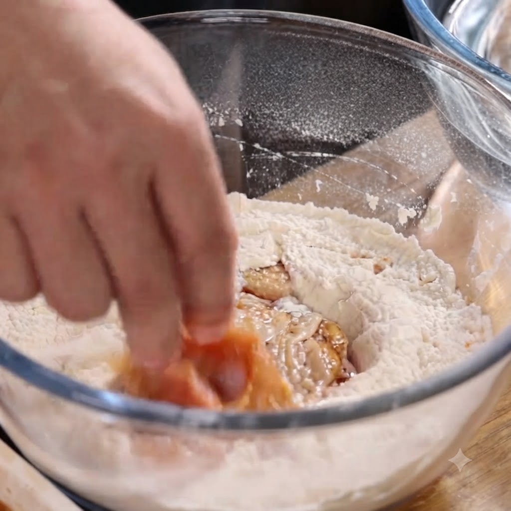 A hand coating pieces of marinated chicken in a glass bowl filled with dry flour.