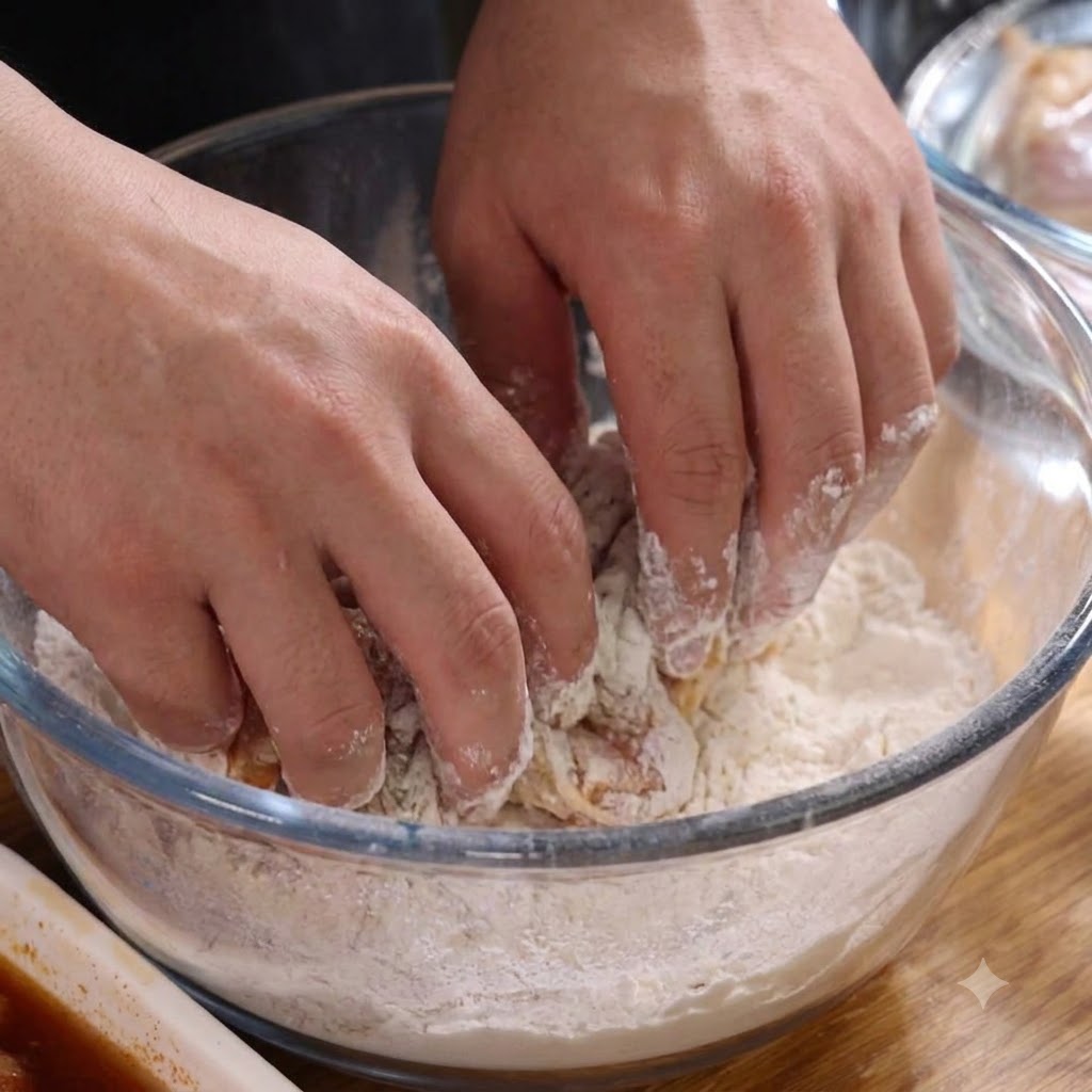 Hands holding flour-coated chicken pieces over a bowl of water.