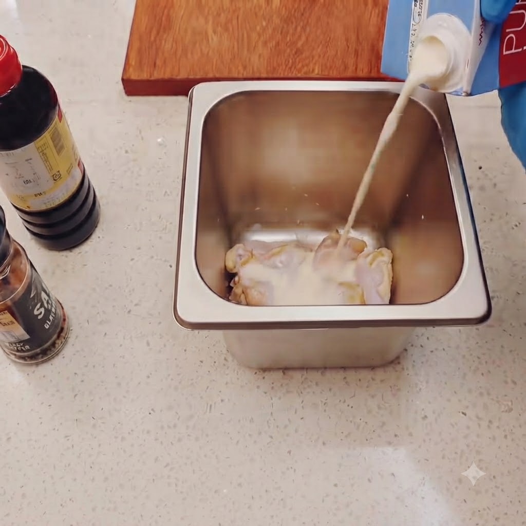 Chicken drumsticks being poured with milk and seasoned with spices in a metal container.
