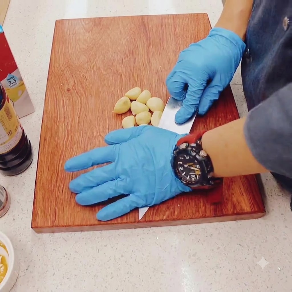 Garlic cloves being cut into small minced pieces on a wooden cutting board.