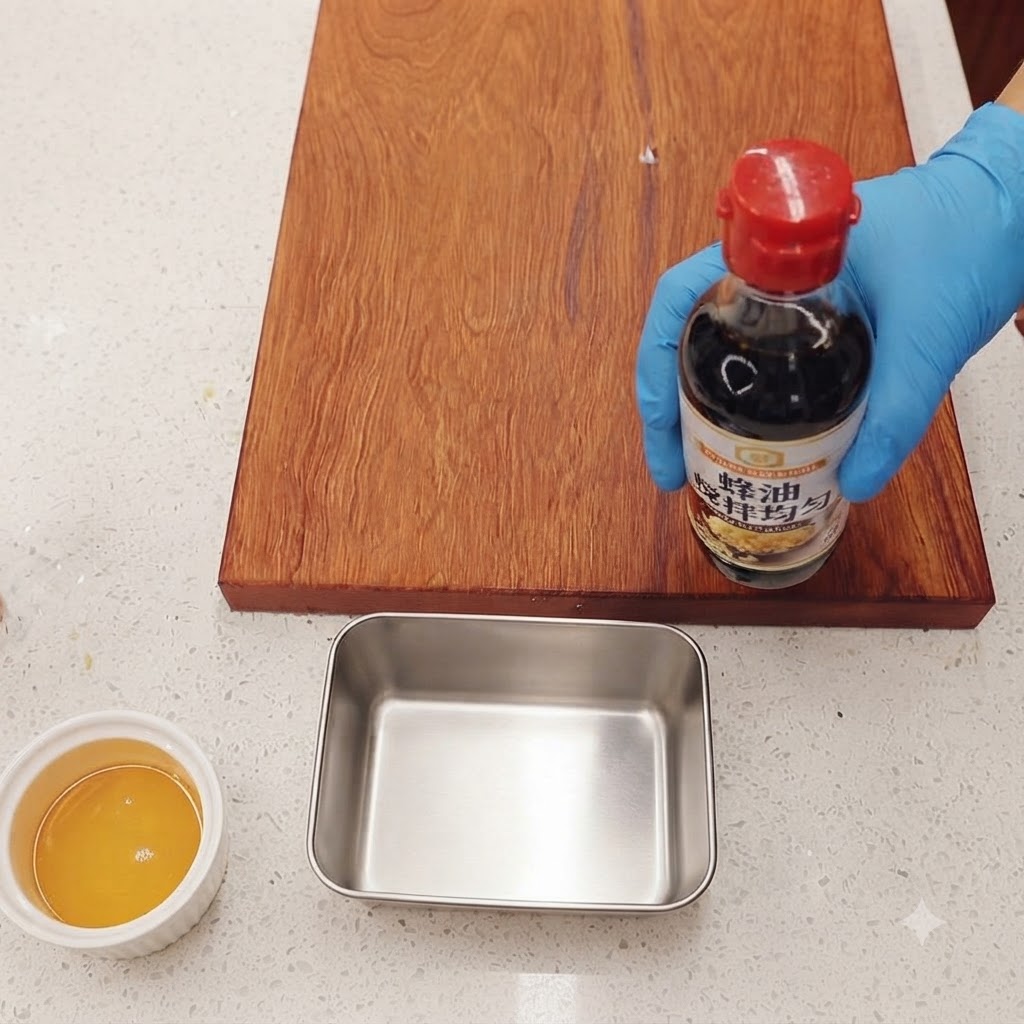 A bottle of soy sauce next to a small metal container and a bowl of honey on a wooden board.