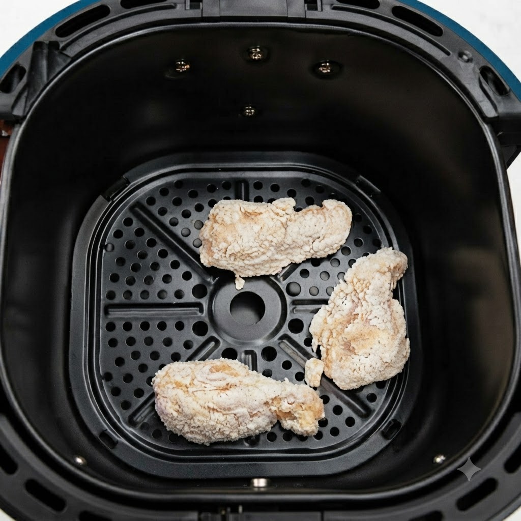 Breaded chicken pieces laid out inside the perforated basket of an air fryer.